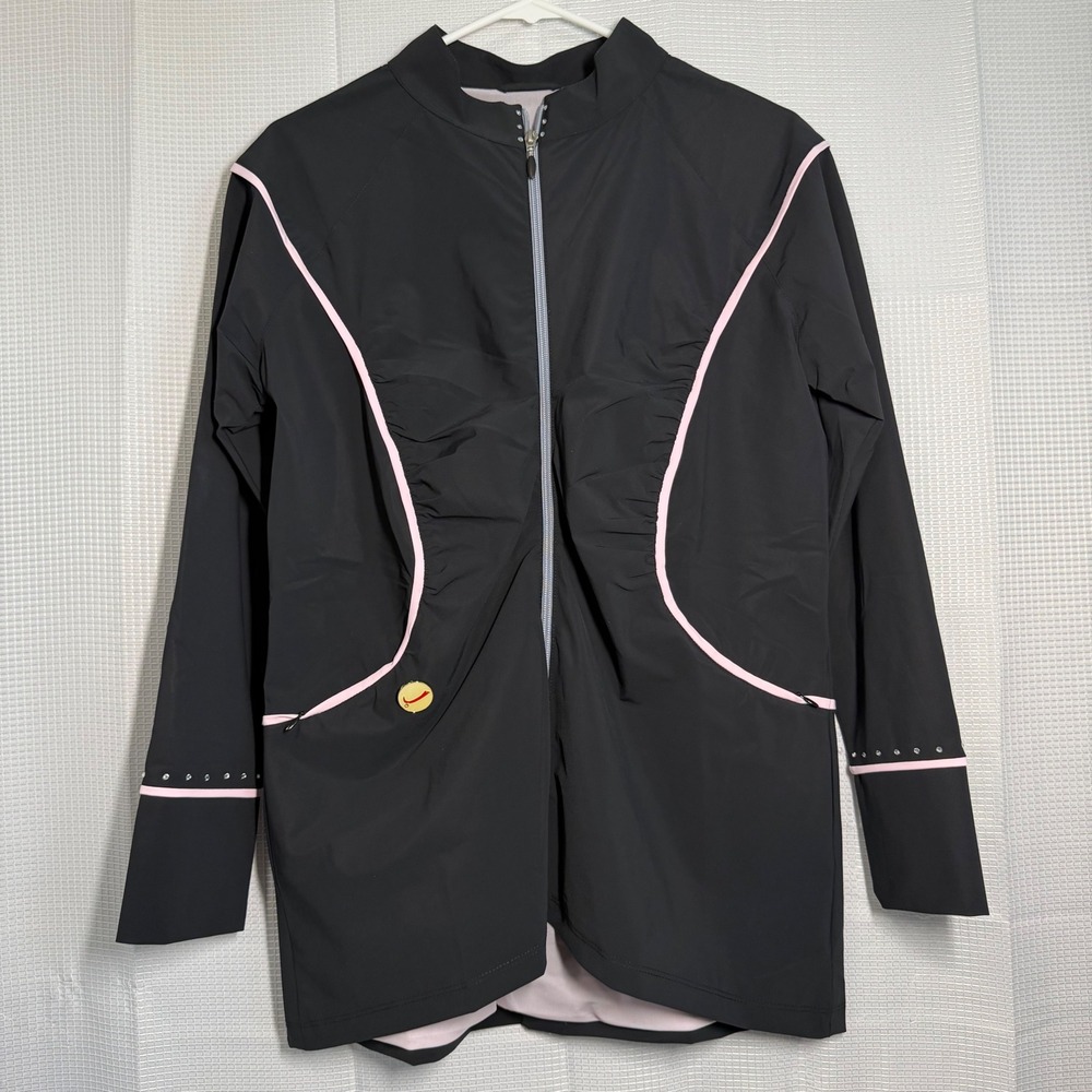 Swingdish Full Zip Athletic Jacket Large Black‎ Pink Trim Rhinestone Detail